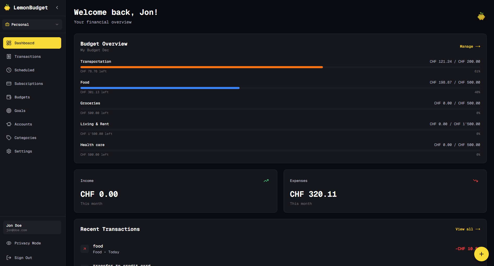 Lemonbudget Desktop Dashboard